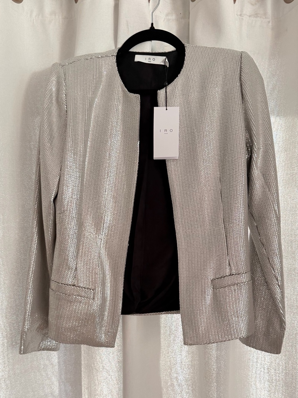 NWT IRO Elbaz Silver Sequin Collarless Blazer Jacket Size 34 $475 MSRP